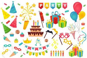 Birthday party cute set in flat cartoon design. Bundle of festive hat, firework, garland, cake, gift, balloon, glasses, crown, sweet, cupcake, candle and other. illustration isolated elements vector