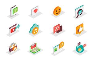 Social media concept 3d isometric icons set. Bundle elements of comment, emoji, search, sharing link, content, music cloud streaming and other. illustration in modern isometry design vector