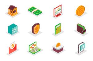 Finance concept 3d isometric icons set. Bundle elements of bank, money, data analysis, coin, safe, calculator, accounting, wallet, tax, payment and other. illustration in modern isometry design vector