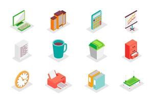 Office work concept 3d isometric icons set. Bundle elements of computer, calculator, data analysis, document, coffee cup, bin, clock, printer and other. illustration in modern isometry design vector