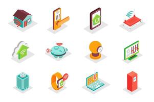 Smart Home concept 3d isometric icons set. Bundle elements of remote monitoring, automation, security system, electronic control, settings and other. illustration in modern isometry design vector