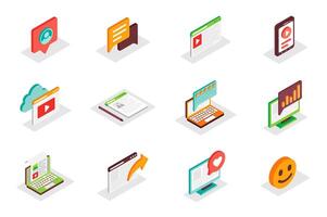 Blog concept 3d isometric icons set. Bundle elements of profile in social media, message in chat, content, article, post, sharing, link and other. illustration in modern isometry design vector