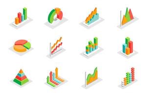 Graph and charts concept 3d isometric icons set. Bundle elements of bar and pie chart, segment, pyramid, arrows, data analysis, statistics and other. illustration in modern isometry design vector