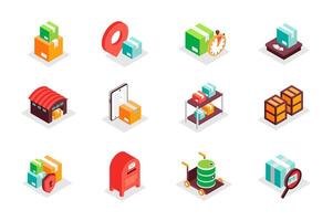 Logistics concept 3d isometric icons set. Bundle elements of parcel delivery, location tracking, fast shipping, warehouse, protection, mailbox and other. illustration in modern isometry design vector