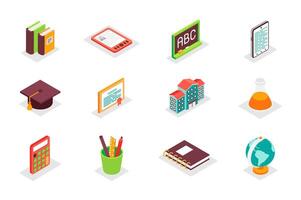 Education concept 3d isometric icons set. Bundle elements of textbook, blackboard, graduation hat, diploma, school, university, stationery and other. illustration in modern isometry design vector