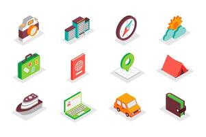 Travel and summer vacation concept 3d isometric icons set. Bundle elements of camera, hotel, compass, trip, suitcase, passport, map, camping and other. illustration in modern isometry design vector