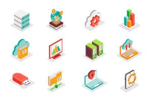 Big Data concept 3d isometric icons set. Bundle elements of server, internet, cloud, chart, information, graph, memory, folder, datum analysis and other. illustration in modern isometry design vector