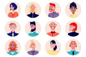 Business people avatars isolated set. Businessman and businesswoman working in company. Diverse men and women, male and female face mascots. illustration with characters in flat cartoon design vector