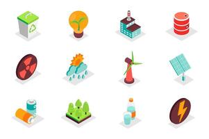 Environment concept 3d isometric icons set. Bundle elements of recycle, trash bin, green energy, factory, barrel, wind turbine, solar panel and other. illustration in modern isometry design vector