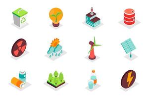 Environment concept 3d isometric icons set. Bundle elements of recycle, trash bin, green energy, factory, barrel, wind turbine, solar panel and other. illustration in modern isometry design vector