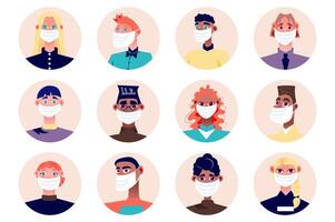 People in medical masks avatars isolated set. Diverse men and women wearing protective masks with different look. Female and male mascots. illustration with characters in flat cartoon design vector