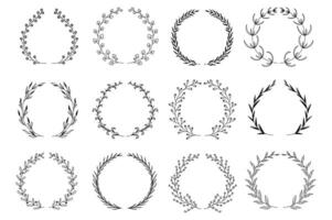 Ornamental branch wreathes set in hand drawn design. Laurel leaves wreath and decorative branch bundle. Botanical outline decor of herbs, twigs, sprigs and plants elements. floral decoration vector