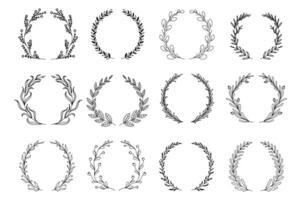 Ornamental branch wreathes set in hand drawn design. Laurel leaves wreath and decorative branch bundle. Different types of herbs, twigs, and plants curl vignetting elements. floral decoration vector