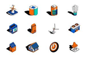 Alternative energy 3d isometric icons set. Pack elements of wind turbine, renewable, battery, light bulb, generator, station, solar panel house and other. illustration in modern isometry design vector