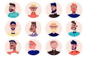 hipster personas avatares aislado colocar. diverso de moda hombres con diferente elegante mirar. retratos de masculino mascotas con facial expresiones ilustración con caracteres en plano dibujos animados diseño vector