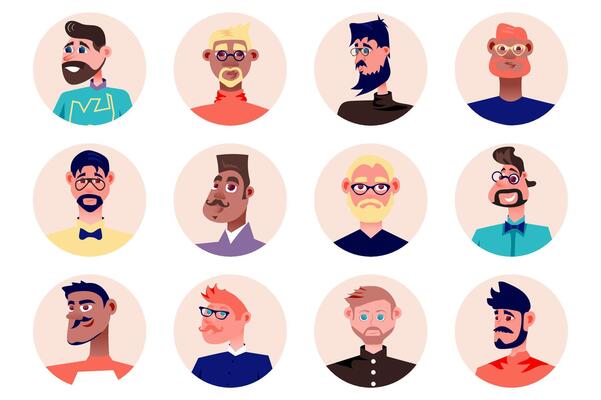 Hipster people avatars isolated set. Diverse fashionable men with different stylish look. Portraits of male mascots with facial expressions. illustration with characters in flat cartoon design