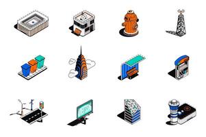 City infrastructure and buildings 3d isometric icons set. Pack elements of stadium, hydrant, towers, trash bins, gas station, road, billboard and other. illustration in modern isometry design vector