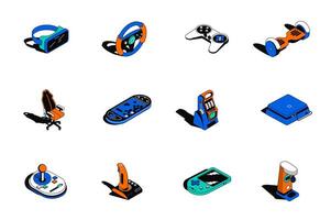 Game devices 3d isometric icons set. Pack elements of vr glasses, steering wheel, joystick, gamer chair, slot machine, controller, console and other. illustration in modern isometry design vector