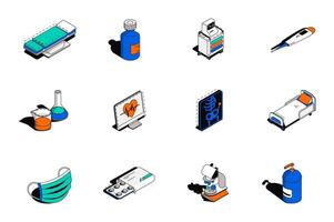 Medical 3d isometric icons set. Pack elements of couch, bottle, patient monitoring system, thermometer, laboratory research, flask, x-ray, mask and other. illustration in modern isometry design vector