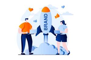 Branding team concept with people scene in flat cartoon design. Woman and man launch business brand, create company personality and new project together. illustration visual story for web vector