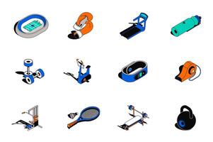 Sports 3d isometric icons set. Pack elements of stadium, boxing gloves, treadmill, bottle water, dumbbells, exercise machine, gym equipment and other. illustration in modern isometry design vector