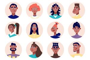 Black people avatars isolated set. Diverse men and women with different looks. African americans and europeans male and female mascots. illustration with characters in flat cartoon design vector