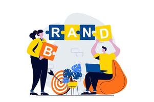 Branding team concept with people scene in flat cartoon design. Man and woman building brand development strategy and corporate identity with puzzle in office. illustration visual story for web vector