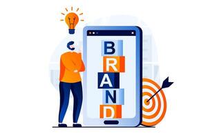 Branding team concept with people scene in flat cartoon design. Man generates new ideas and creates business brand and audience targeting from mobile app. illustration visual story for web vector