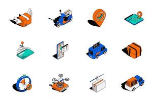 Delivery service 3d isometric icons set. Pack elements of parcel fast, shipping, online tracking, credit card, truck, transport, flying drone and other. illustration in modern isometry design vector