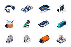 Music 3d isometric icons set. Pack elements of headphones, dj player, equalizer, drum, microphone, piano, radio, earphones, musical speaker and other. illustration in modern isometry design vector