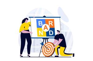 Branding team concept with people scene in flat cartoon design. Man and woman working together on brand development and corporate identity, business promotion. illustration visual story for web vector