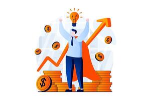 Business making concept with people scene in flat cartoon design. Success businessman develops company, increases income, generates new ideas, achieves goals. illustration visual story for web vector