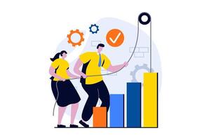 Business making concept with people scene in flat cartoon design. Woman and man work in team and develop business, improve sales and financial statistics. illustration visual story for web vector