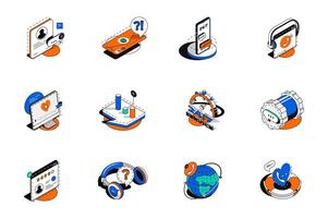 Customer support 3d isometric icons set. Pack elements of online communication with client, contact us, chat, email, call, help service, faq and other. illustration in modern isometry design vector