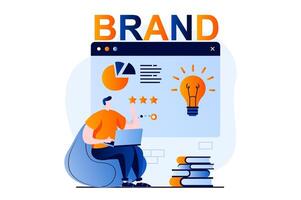 Branding team concept with people scene in flat cartoon design. Man with laptop analyzes company data, generates new ideas, developed improvement strategy. illustration visual story for web vector