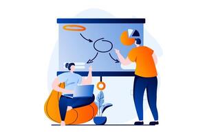 Branding team concept with people scene in flat cartoon design. Woman and man working in creative agency together, discuss and develop development strategy. illustration visual story for web vector