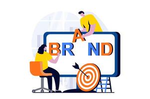 Branding team concept with people scene in flat cartoon design. Man and woman working together on brand development, audience targeting and business promotion. illustration visual story for web vector