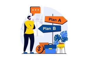 Business making concept with people scene in flat cartoon design. Man thinks and chooses between different plans for investment and business development. illustration visual story for web vector