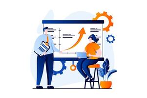 Business making concept with people scene in flat cartoon design. Man and woman analyzing data and statistics, discussing strategy for investing in company. illustration visual story for web vector