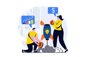 Business making concept with people scene in flat cartoon design. Businesswoman and businessman invest money in startup and launch project on market together. illustration visual story for web vector