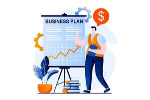 Business making concept with people scene in flat cartoon design. Businessman develops business plan for new project, invests money and develops startup. illustration visual story for web vector