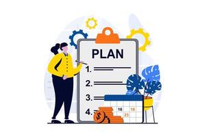 Business making concept with people scene in flat cartoon design. Businesswoman creates plan for organizing business processes and invests in new company. illustration visual story for web vector