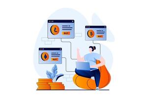 Cryptocurrency marketplace concept with people scene in flat cartoon design. Woman buys bitcoins, litecoins or ethereum on crypto exchange using laptop. illustration visual story for web vector