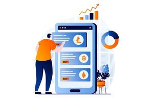 Cryptocurrency marketplace concept with people scene in flat cartoon design. Man buys bitcoins, litecoins or ethereum on crypto exchange using mobile app. illustration visual story for web vector