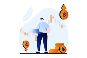 Cryptocurrency marketplace concept with people scene in flat cartoon design. Man analyzes data on crypto exchange and buys bitcoins and other currencies. illustration visual story for web vector