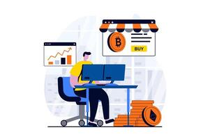 criptomoneda mercado concepto con personas escena en plano dibujos animados diseño. hombre comprometido en cripto negocio, compra y vende bitcoins, monitores intercambiar datos. ilustración visual historia para web vector