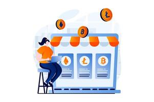 criptomoneda mercado concepto con personas escena en plano dibujos animados diseño. mujer compra bitcoins y otro monedas a en línea plataforma de cripto intercambio. ilustración visual historia para web vector