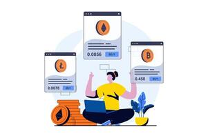 Cryptocurrency marketplace concept with people scene in flat cartoon design. Woman engaged in crypto business, buys and sells bitcoins and other digital money. illustration visual story for web vector