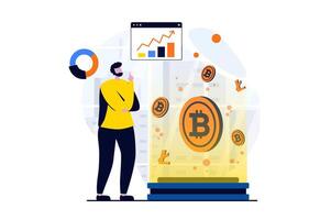 Cryptocurrency marketplace concept with people scene in flat cartoon design. Man buys bitcoins and other currencies at crypto exchange and analyzing data. illustration visual story for web vector