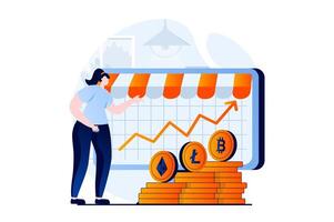 Cryptocurrency marketplace concept with people scene in flat cartoon design. Woman analyzes data on crypto exchange and buys bitcoins, litecoins or ethereum. illustration visual story for web vector